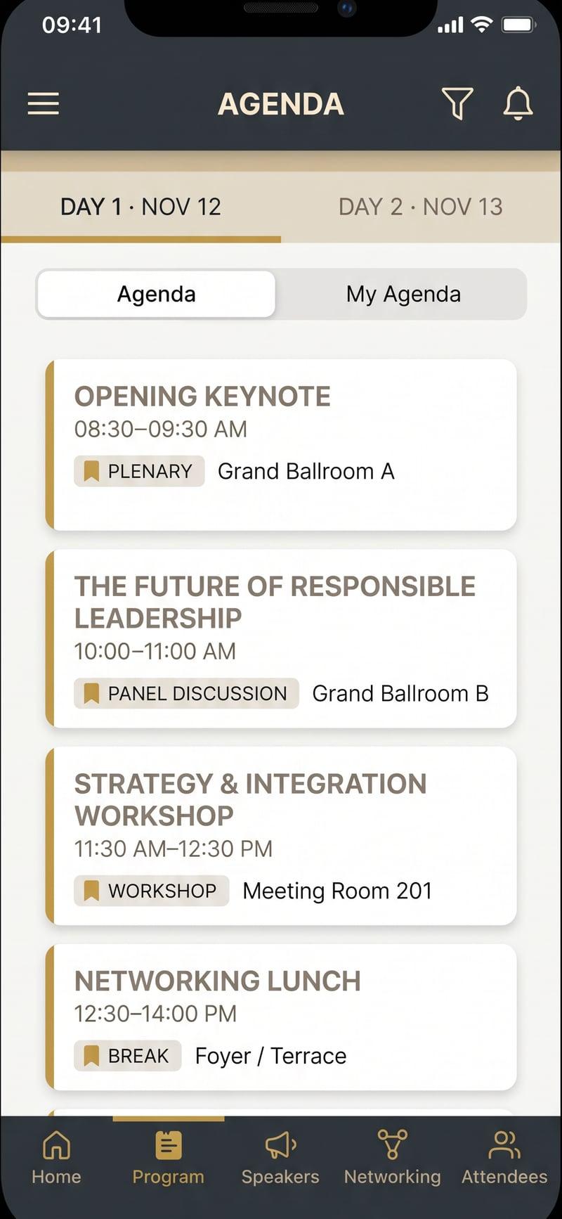 Participant app showing the day's agenda with sessions, times and rooms