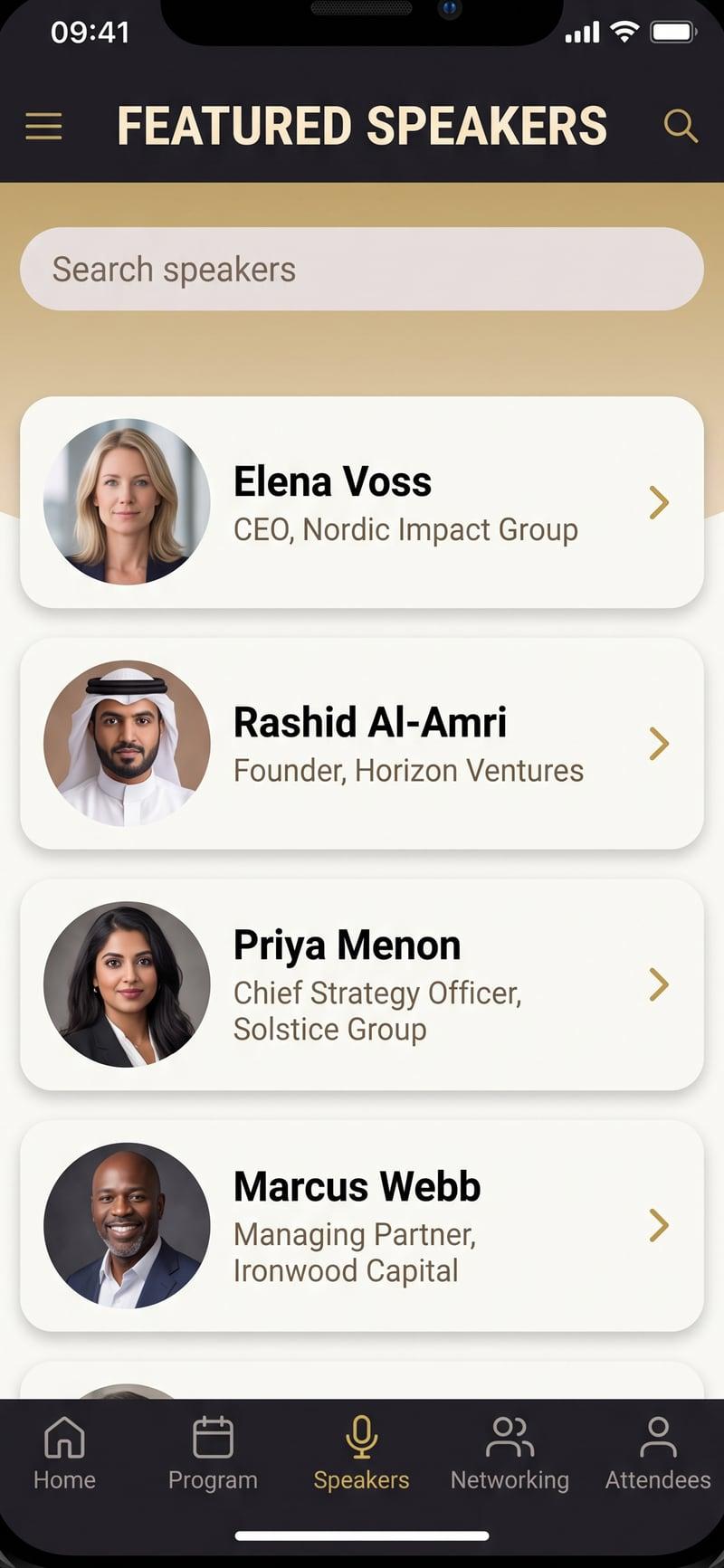 Participant app showing the featured speakers of the event