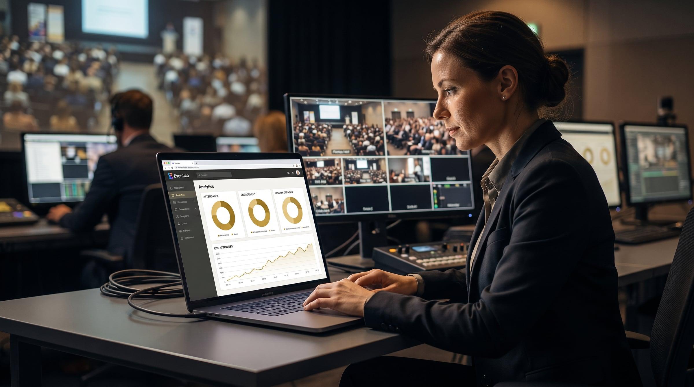 An event operator working in the Eventica backoffice at a control desk behind a live session