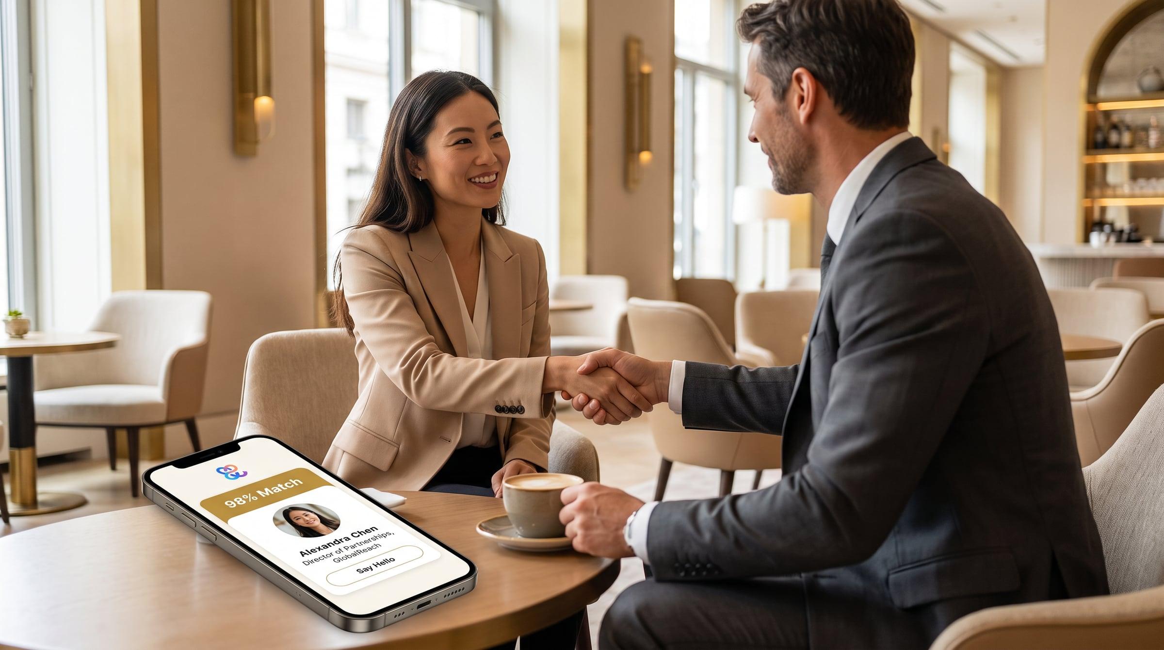 Two participants shaking hands at a scheduled meeting, with the matched contact open in the app