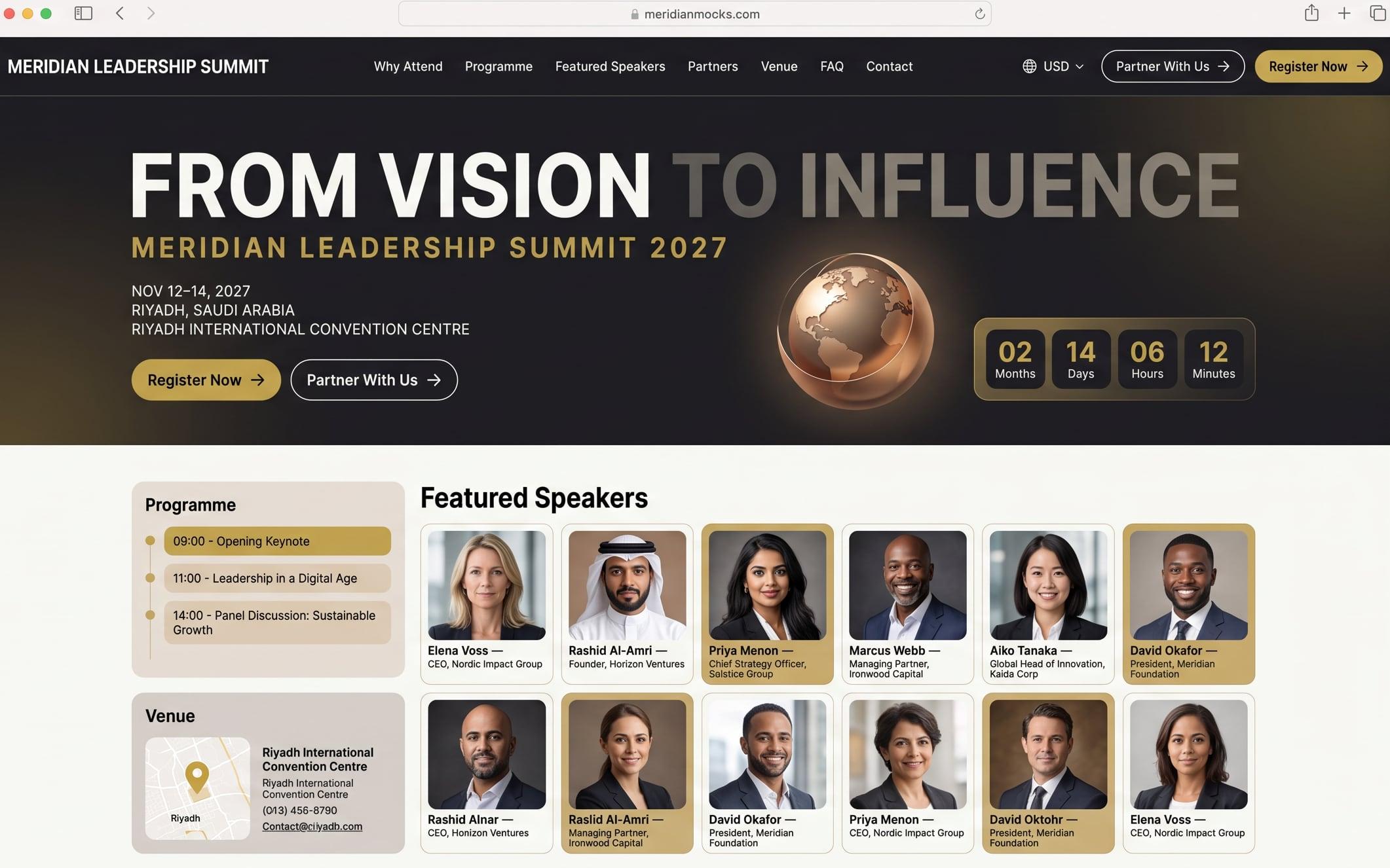 Event website for a leadership summit: programme, featured speakers and venue on the event's own domain